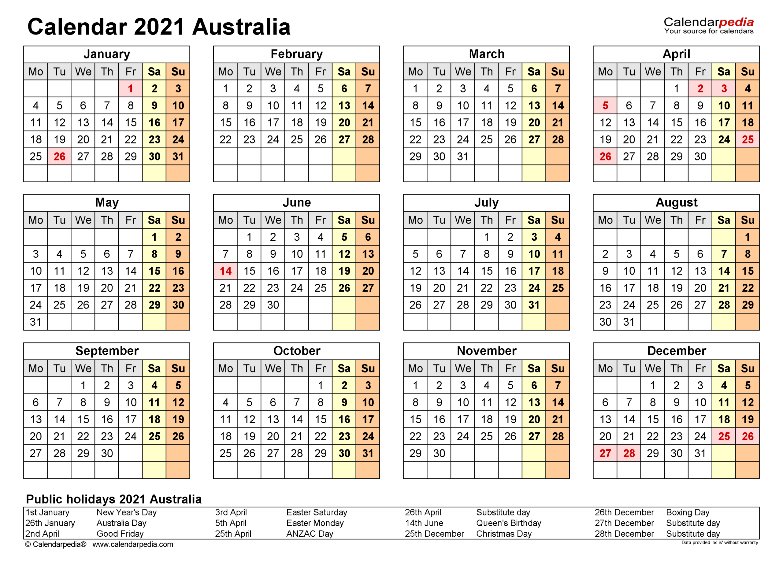 Australia Calendar 2021 - Free Printable Pdf Templates