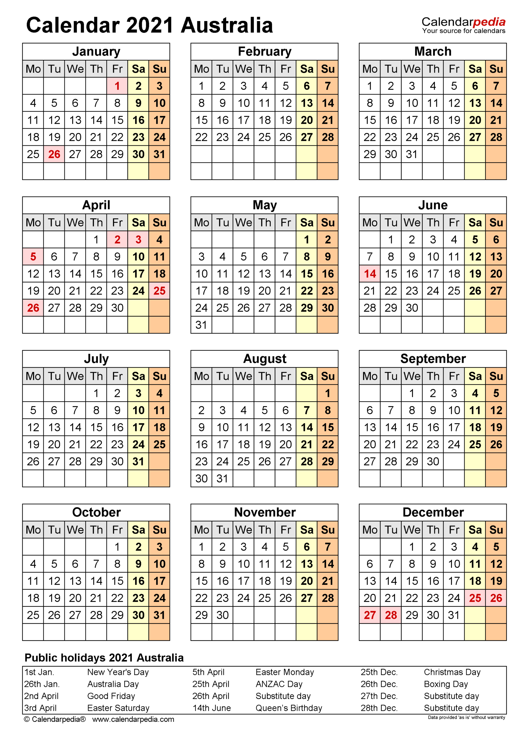 Australia Calendar 2021 - Free Printable Pdf Templates