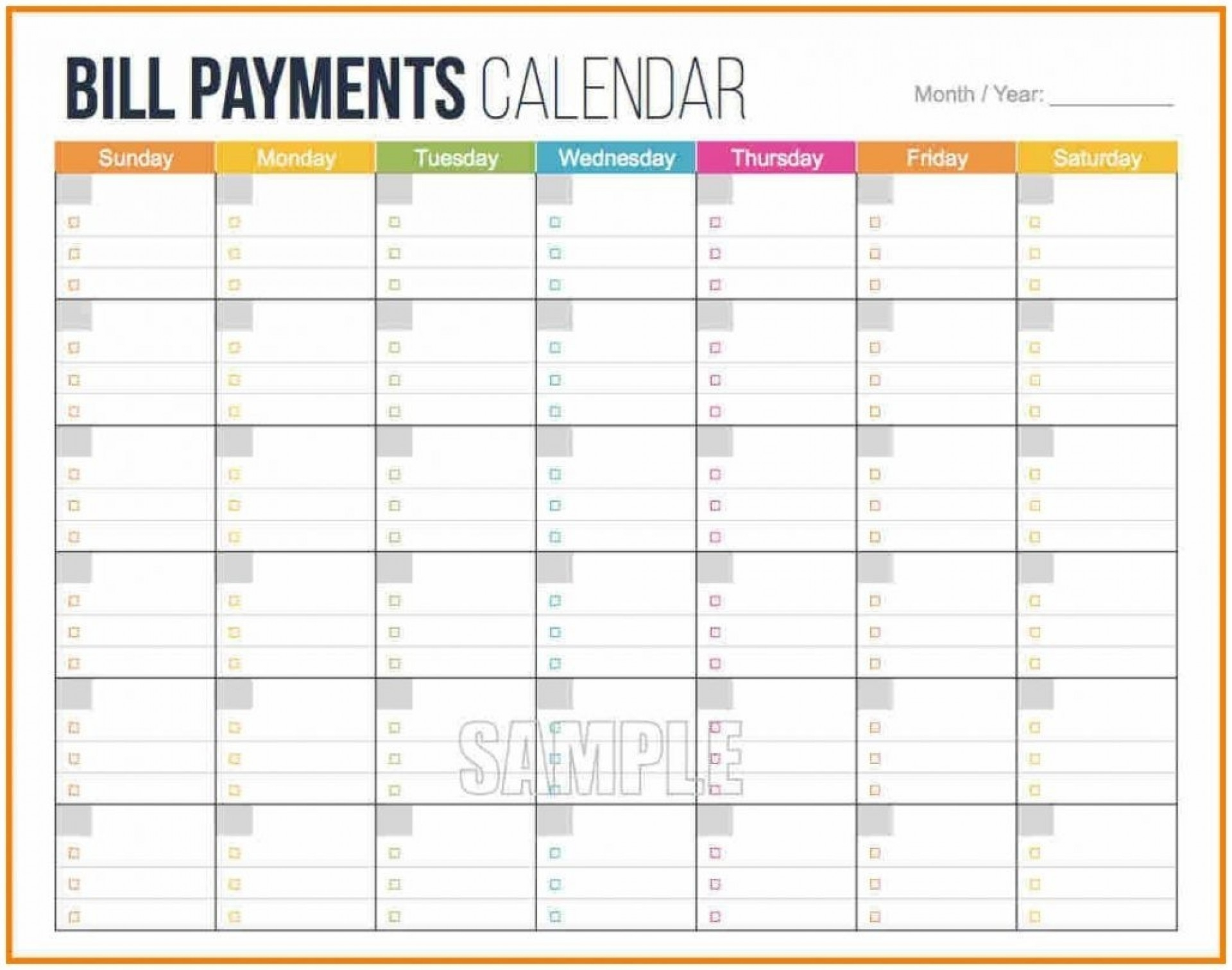 Bill Payment Monthly Calendar Free | Calendar Template