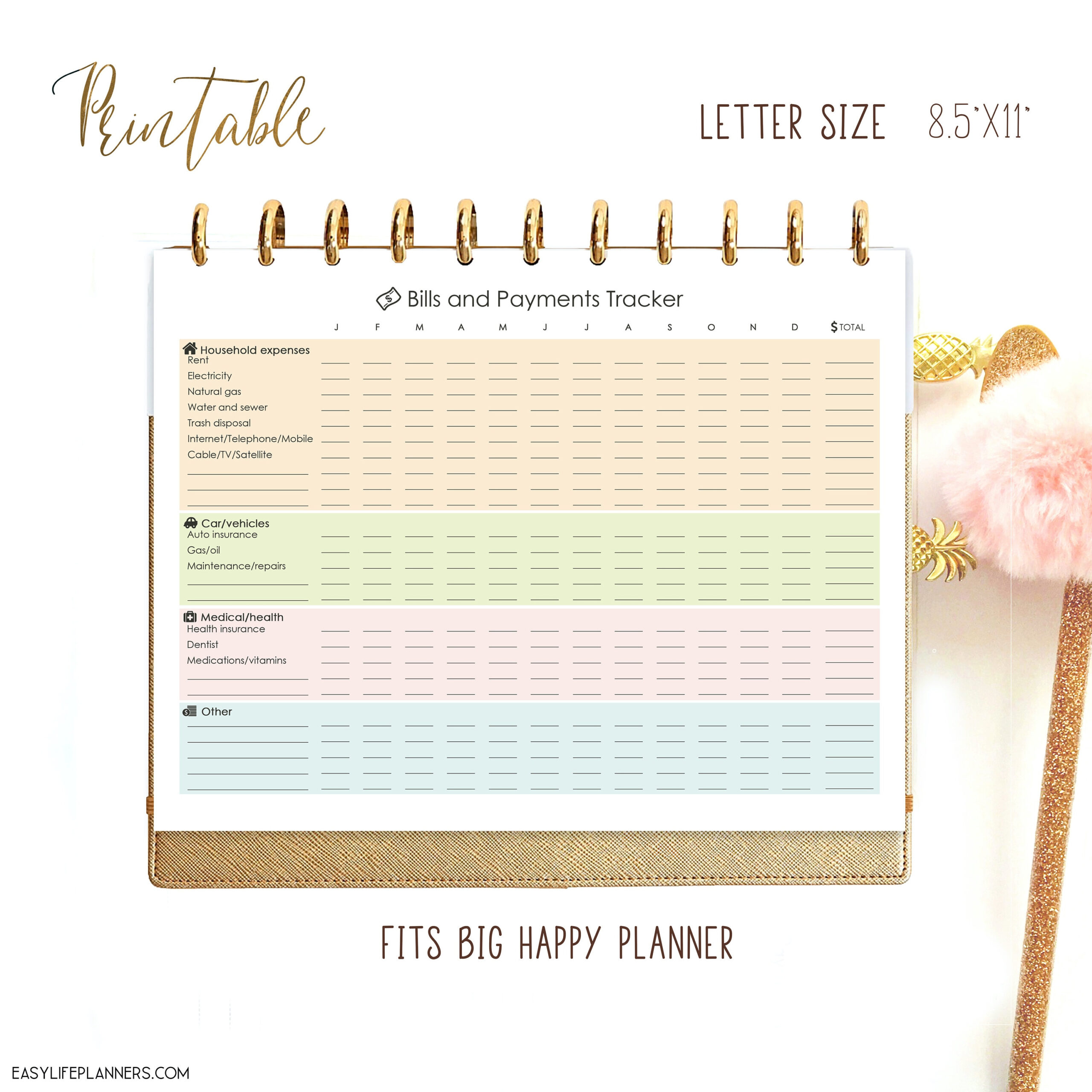 Bill Tracker Printable Pdf Letter Bills Organizer Budget Printable Happy Planner Large Tracker