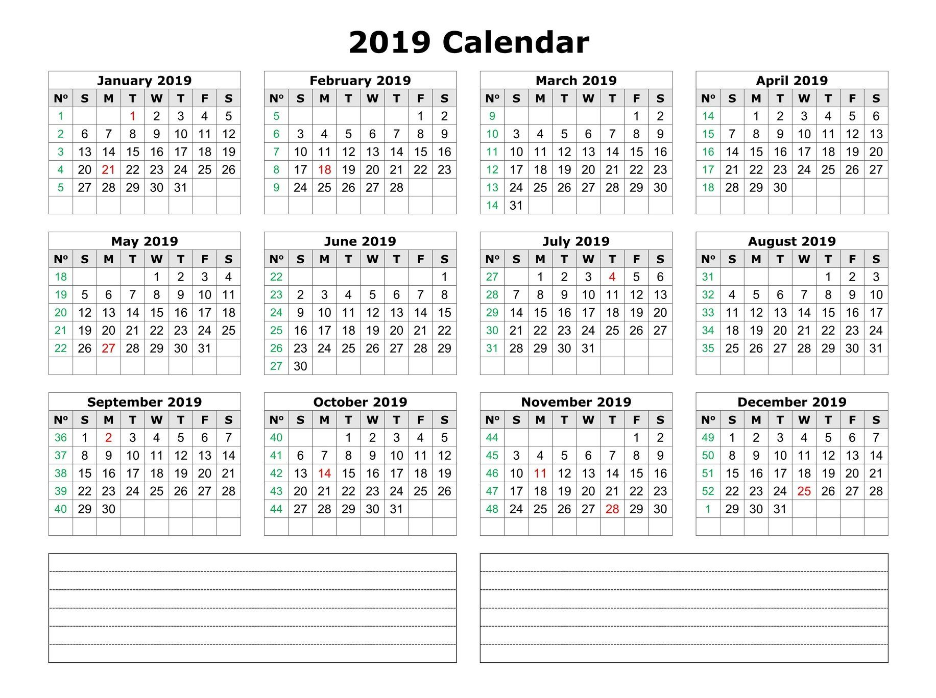 Blank Calendar 2019 With Notes Landscape, Blank Calendar