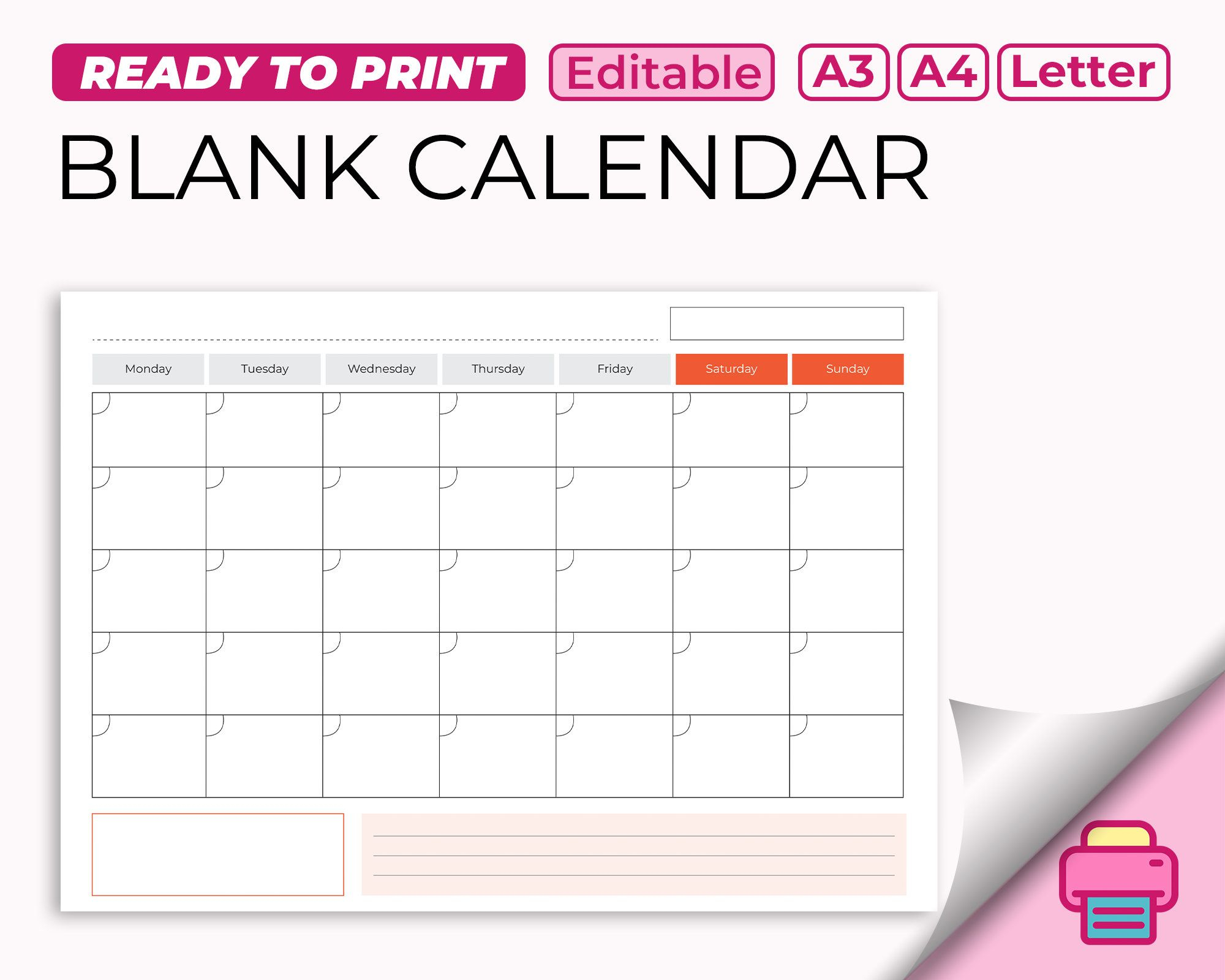 Blank Calendar, Printable Calendar Template, Undate