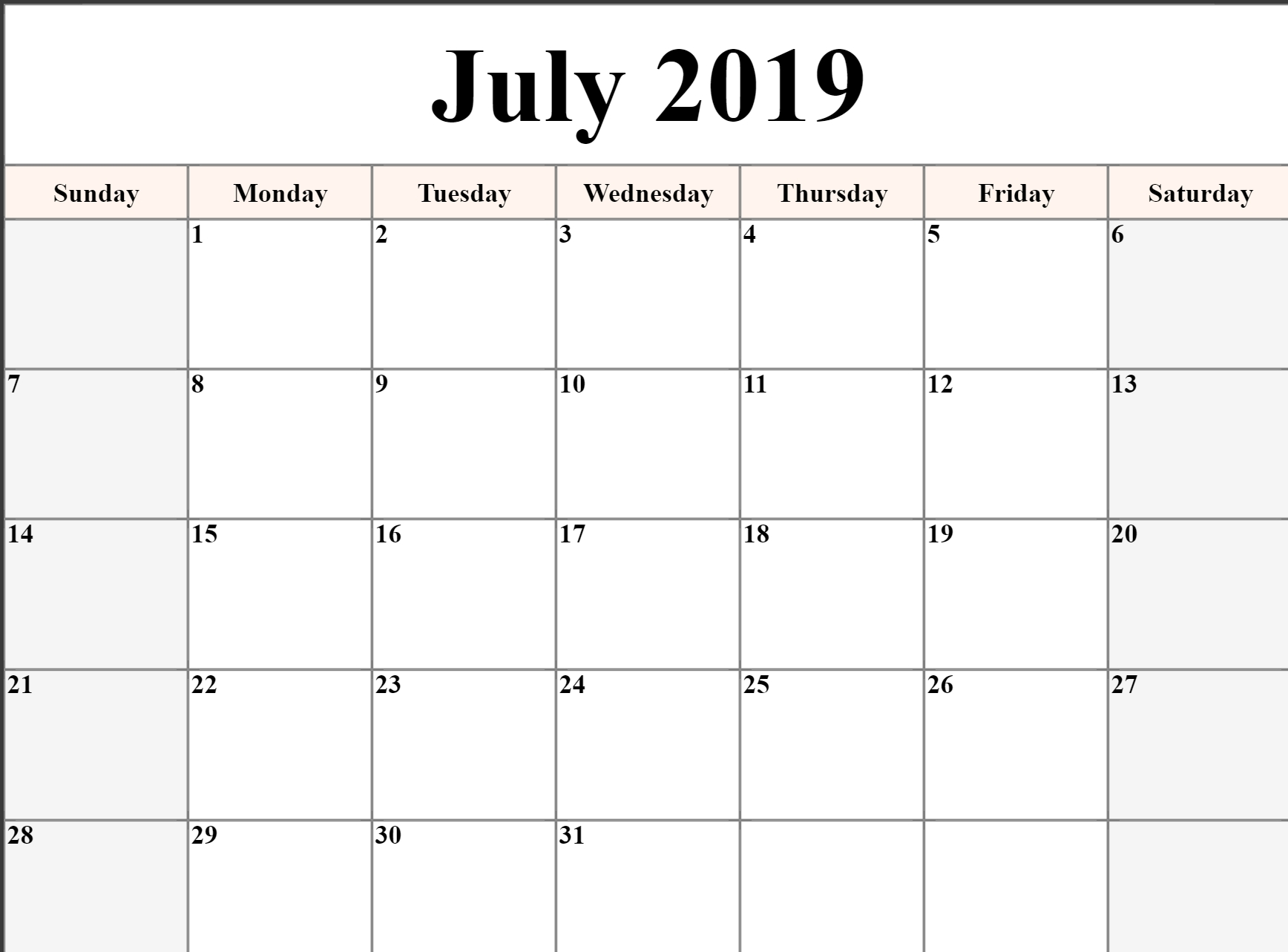 Blank Calender 31 Days | Calendar Template Printable