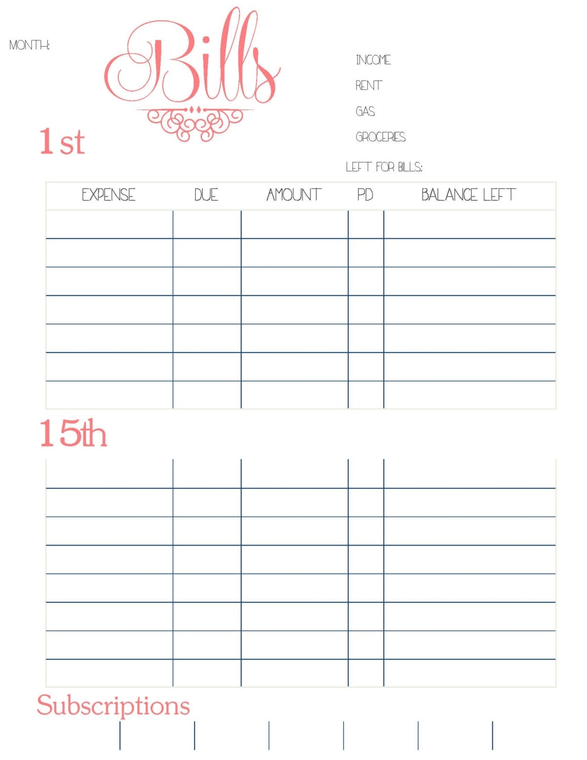 Blank Monthly Bill Organizer Printable - Calendar
