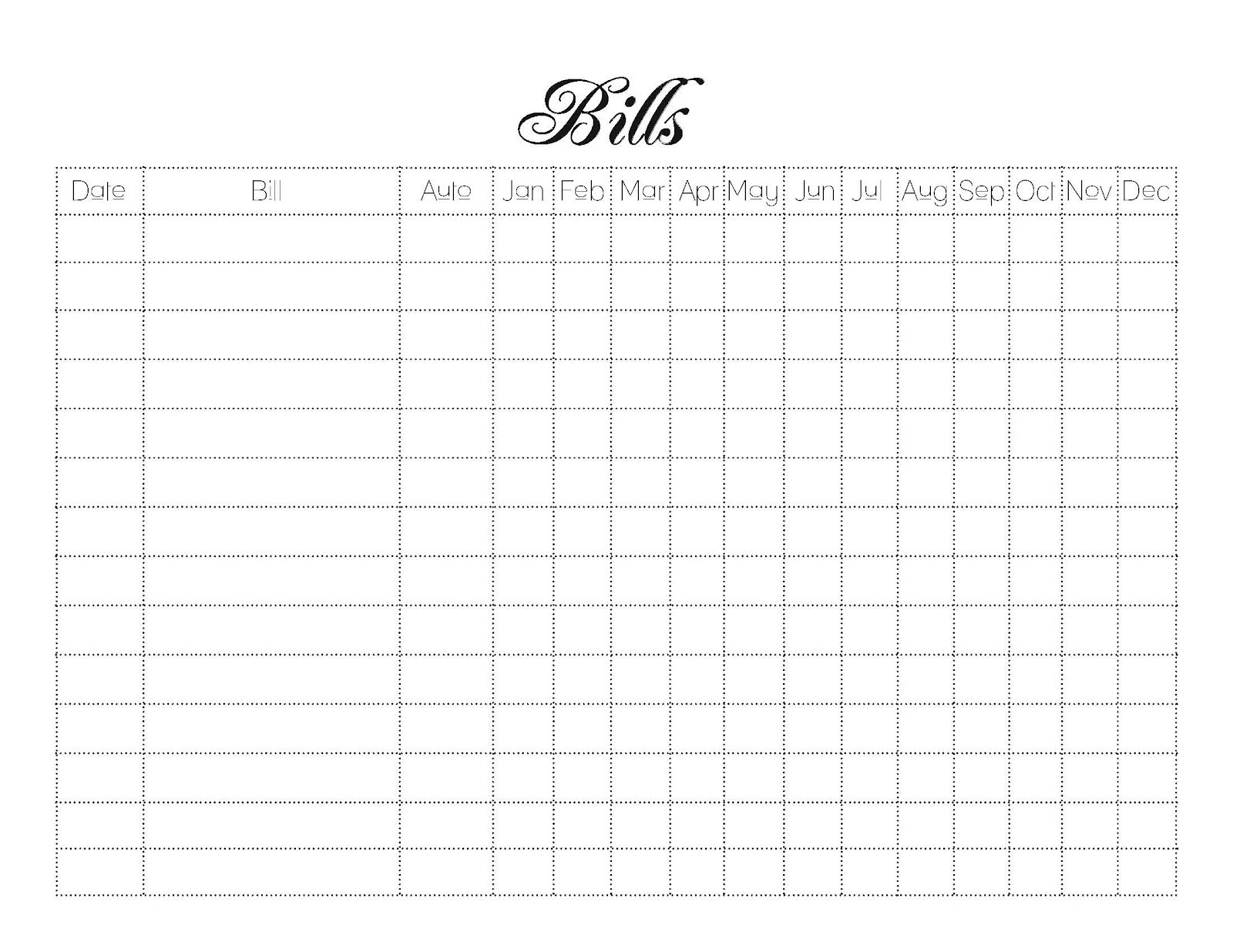 12 Month Bill Payment Calendar