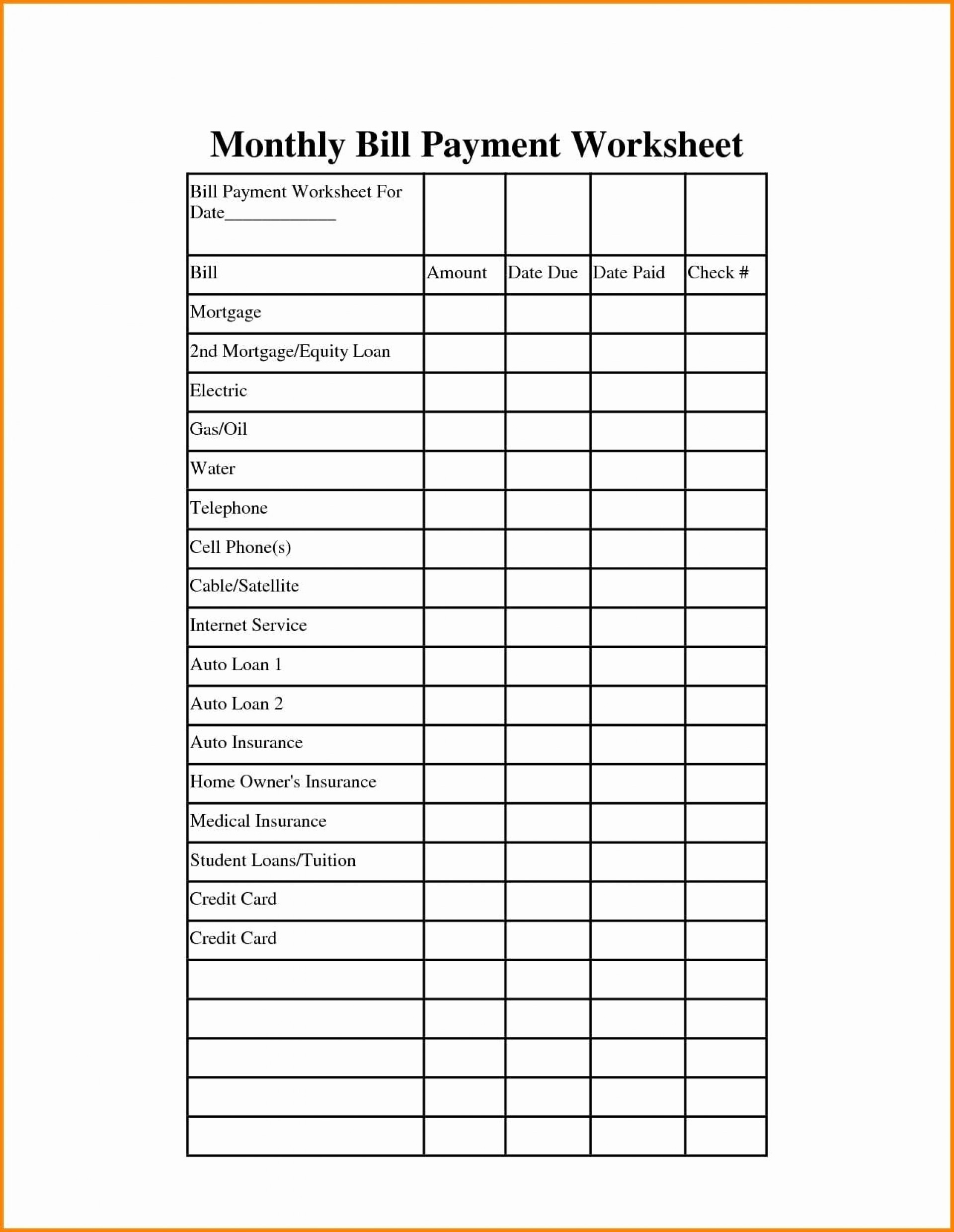 Blank Printable Monthly Bill Pay Worksheet | Calendar