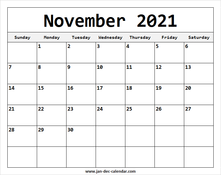 Blank Printable November Calendar 2021 Template Free