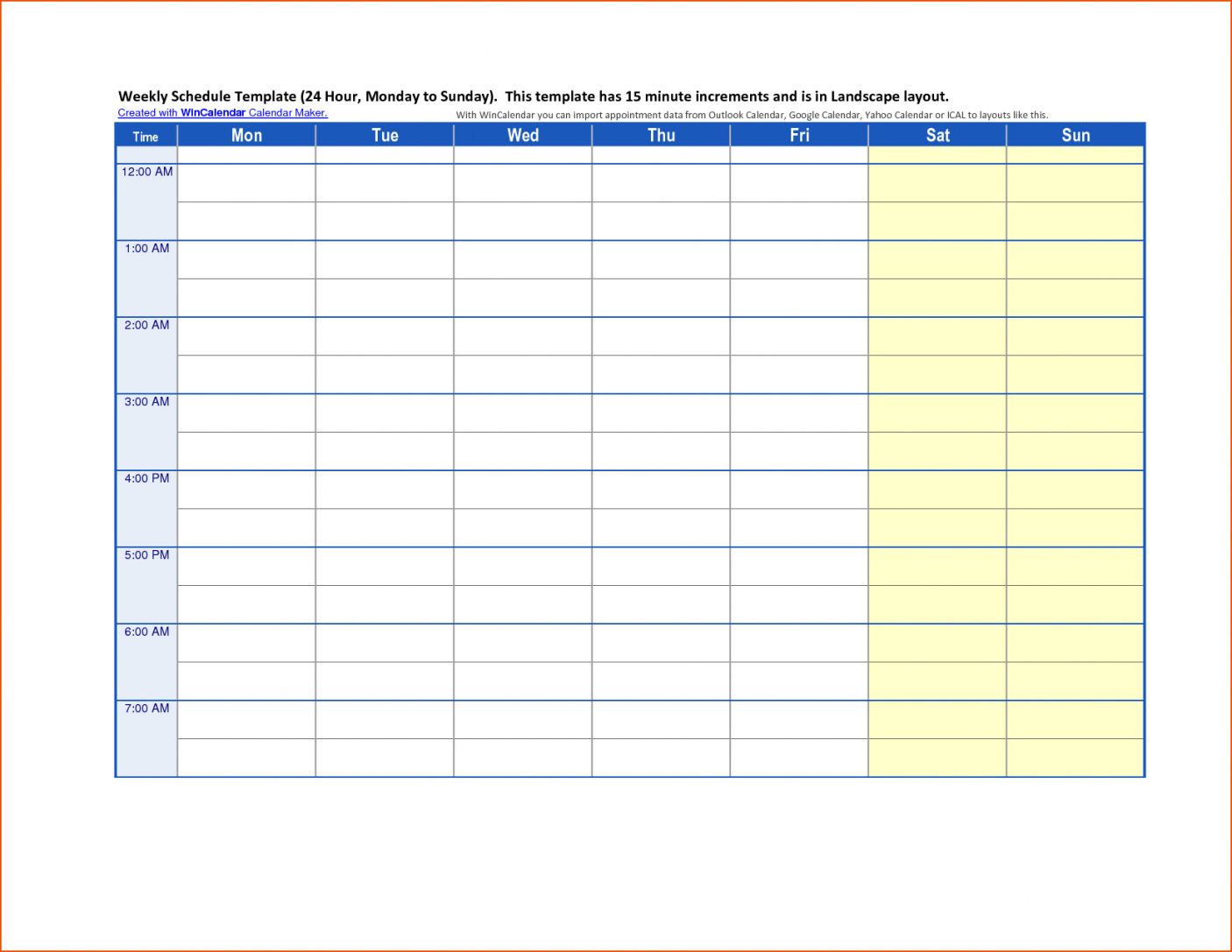 Blank Weekly Calendar 15 Minute Increments | Example