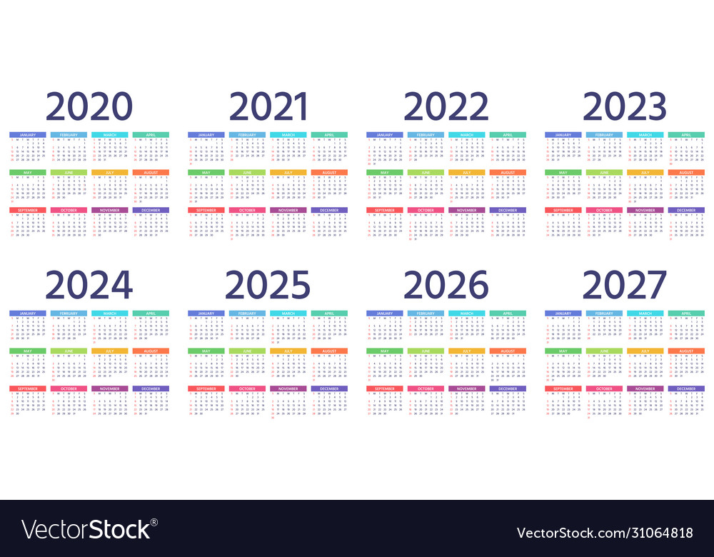 Calendar 2021 2022 2023 2024 2025 2026 2027 2020 Vector Image