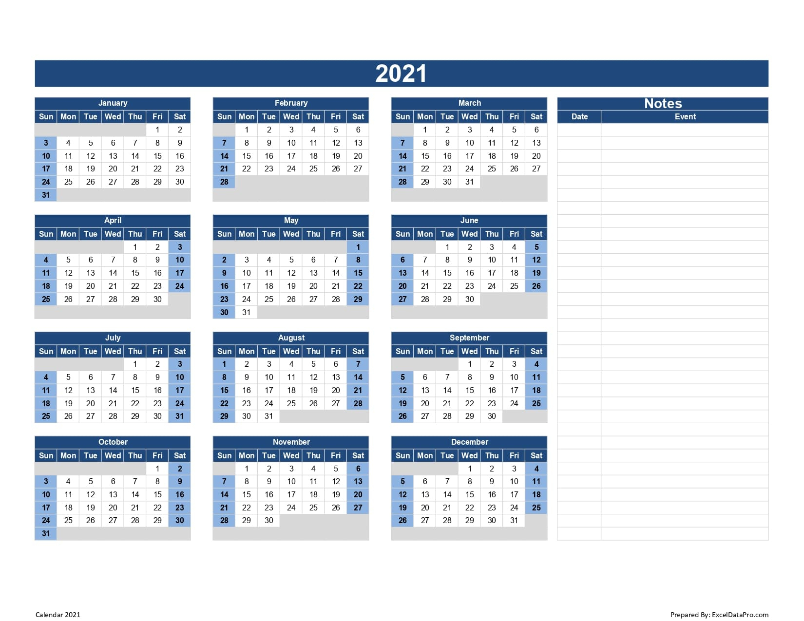 Calendar 2021 Excel Templates, Printable Pdfs &amp; Images