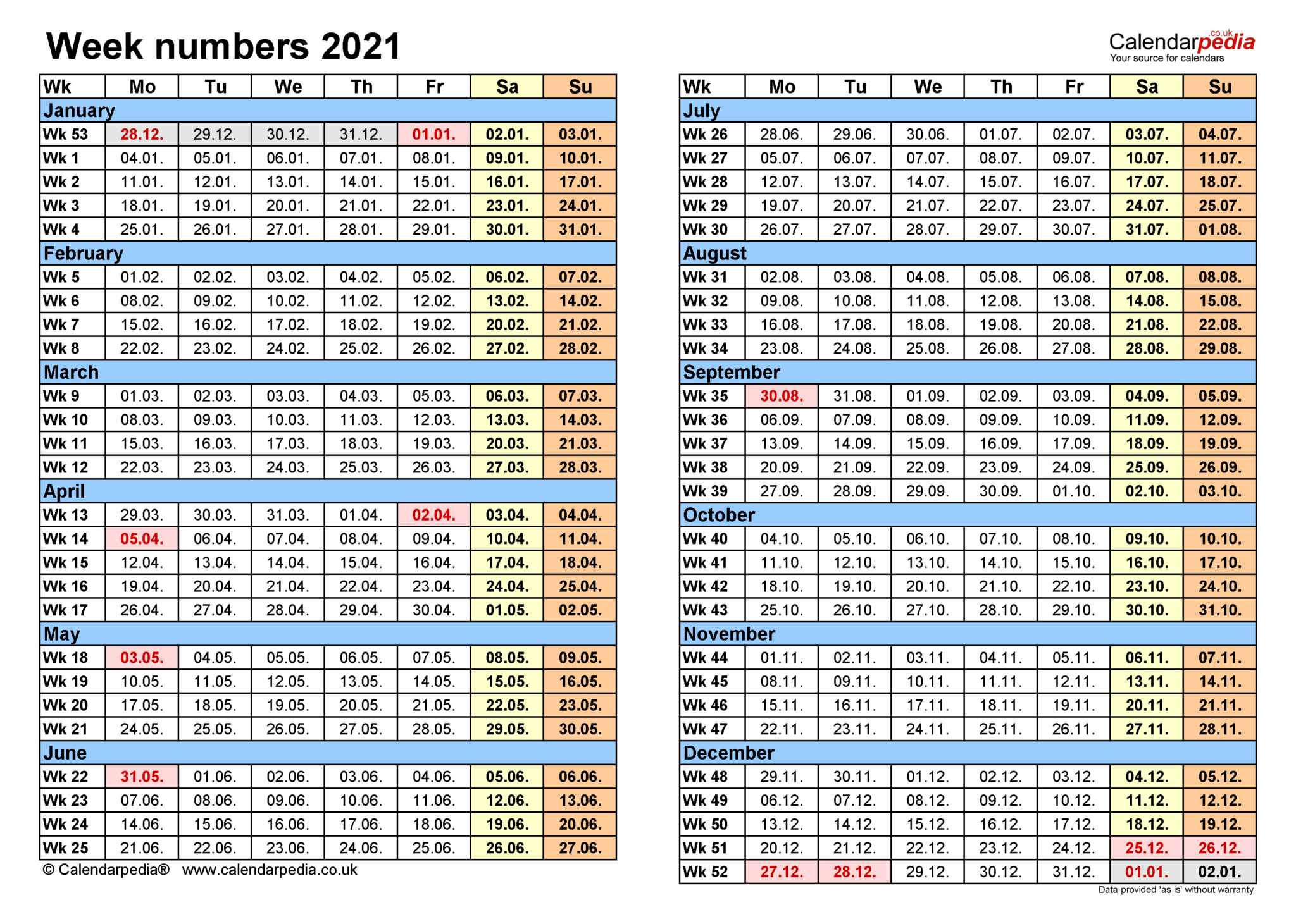 Calendar 2021 Excel With Week Numbers