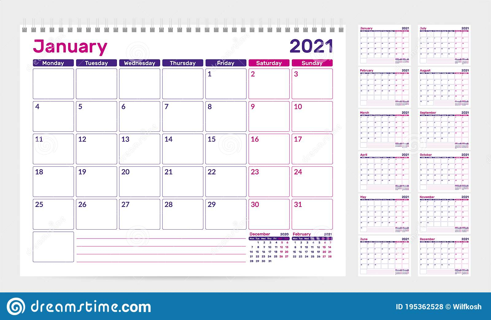 Calendar 2021. Week Start From Monday. Set Of 12 Months