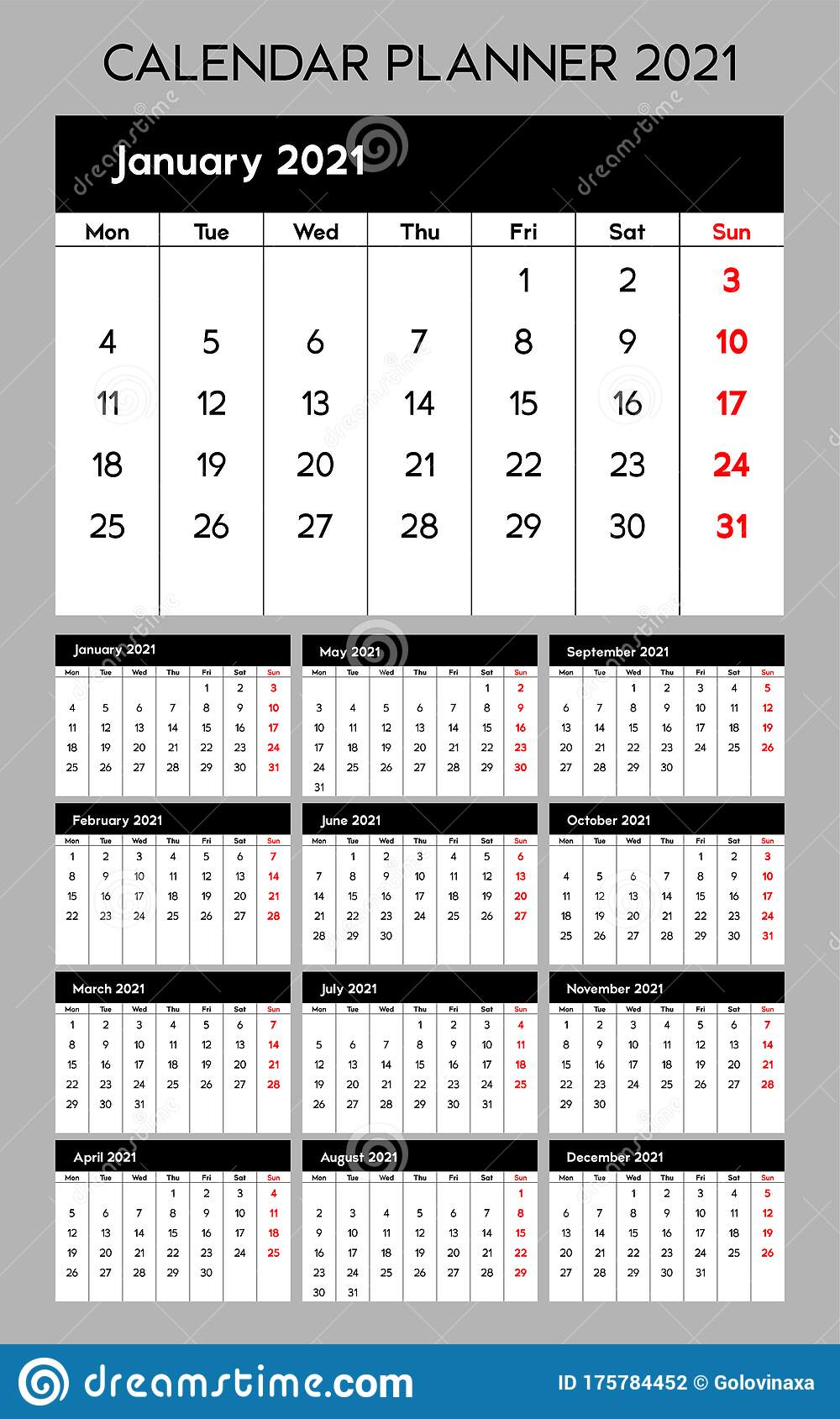 Calendar Planner 2021, Base Template Design. Week Starts