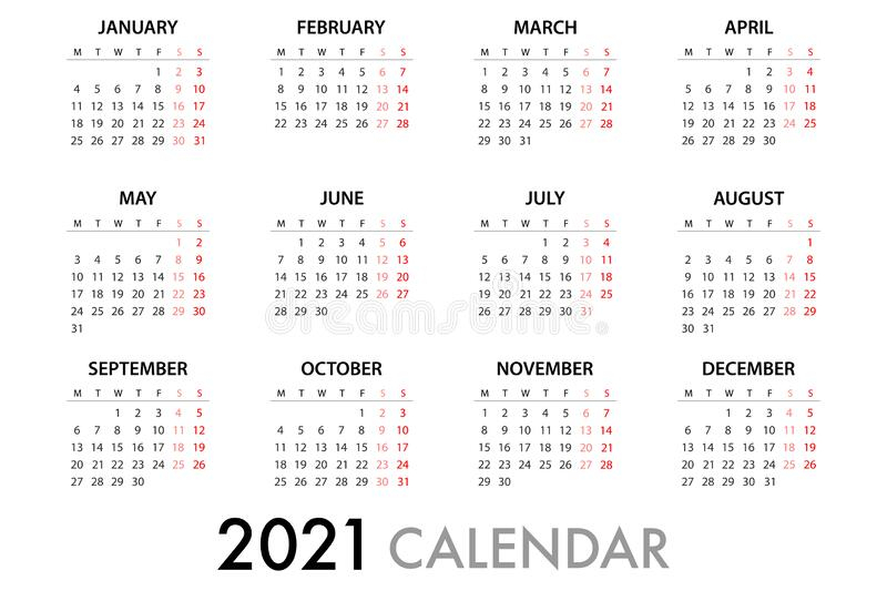 Calendar Planner 2021 Week Starts Monday. Simple Vector