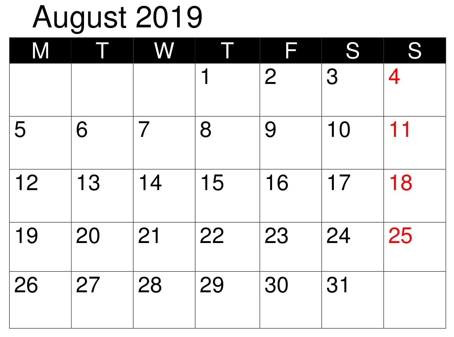 Calendar Printable August 2019 Word | Monthly Calendar