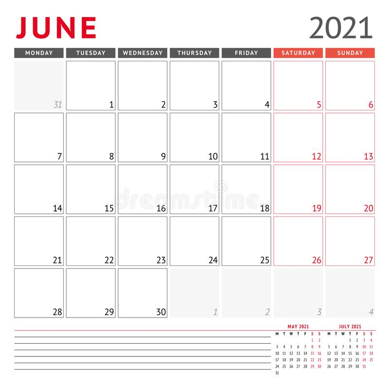 Calendar Template For June 2021. Business Monthly Planner