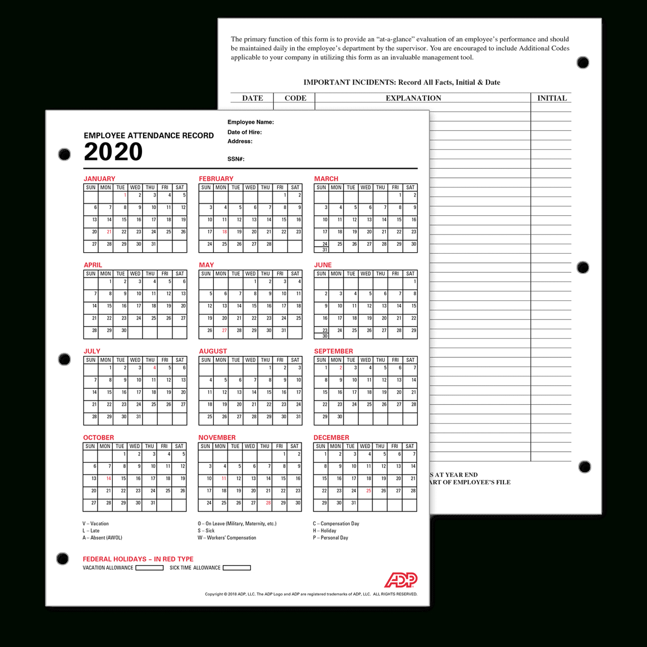 Catch 2020 Employee Attendance Calendar Printable