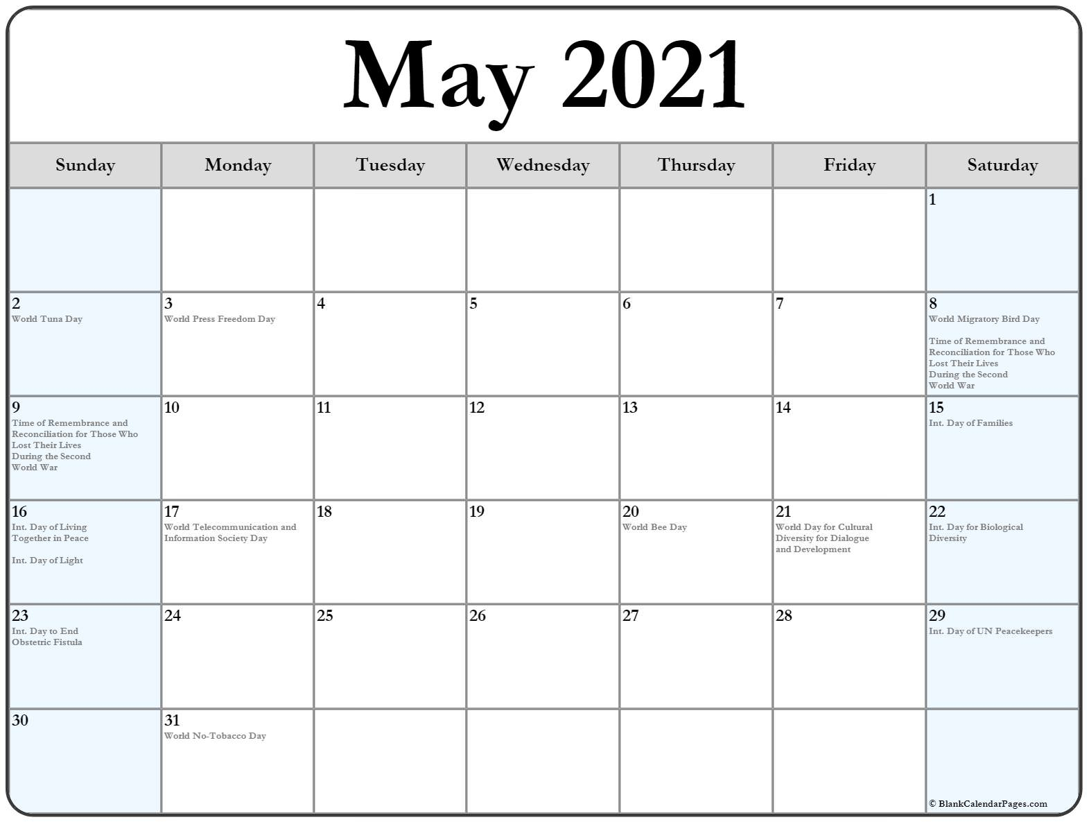 Collection Of May 2021 Calendars With Holidays
