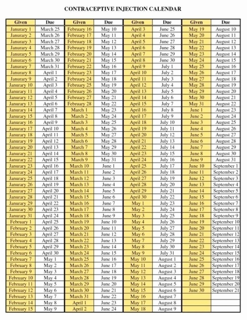 Depo Provera Injection Calendar 2021 | Printable March