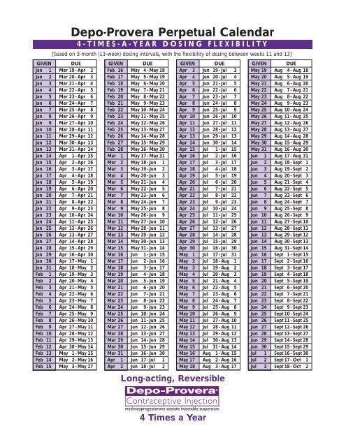 Depo Provera Injection Schedule Chart Photo | Calendar