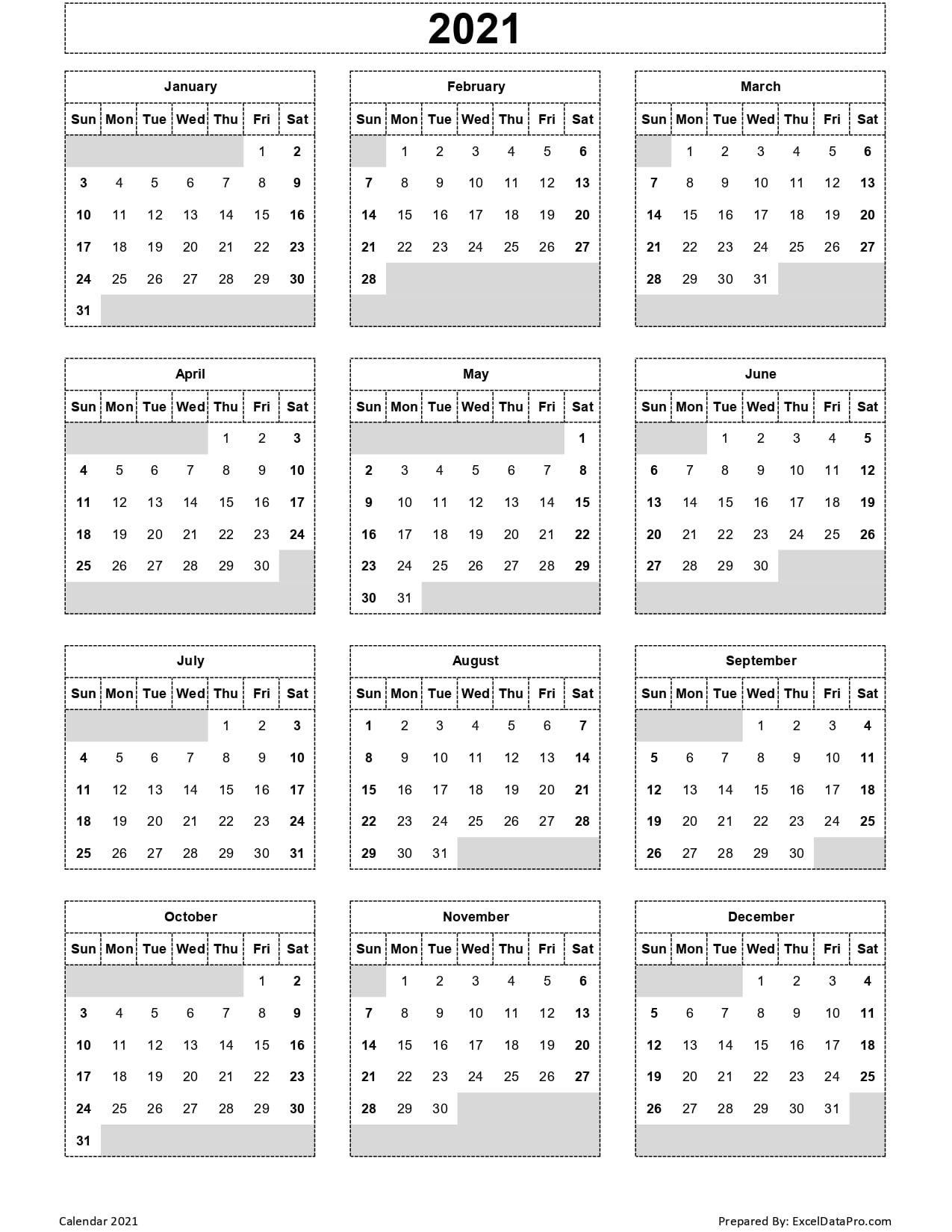 Download 2021 Yearly Calendar (Sun Start) Excel Template