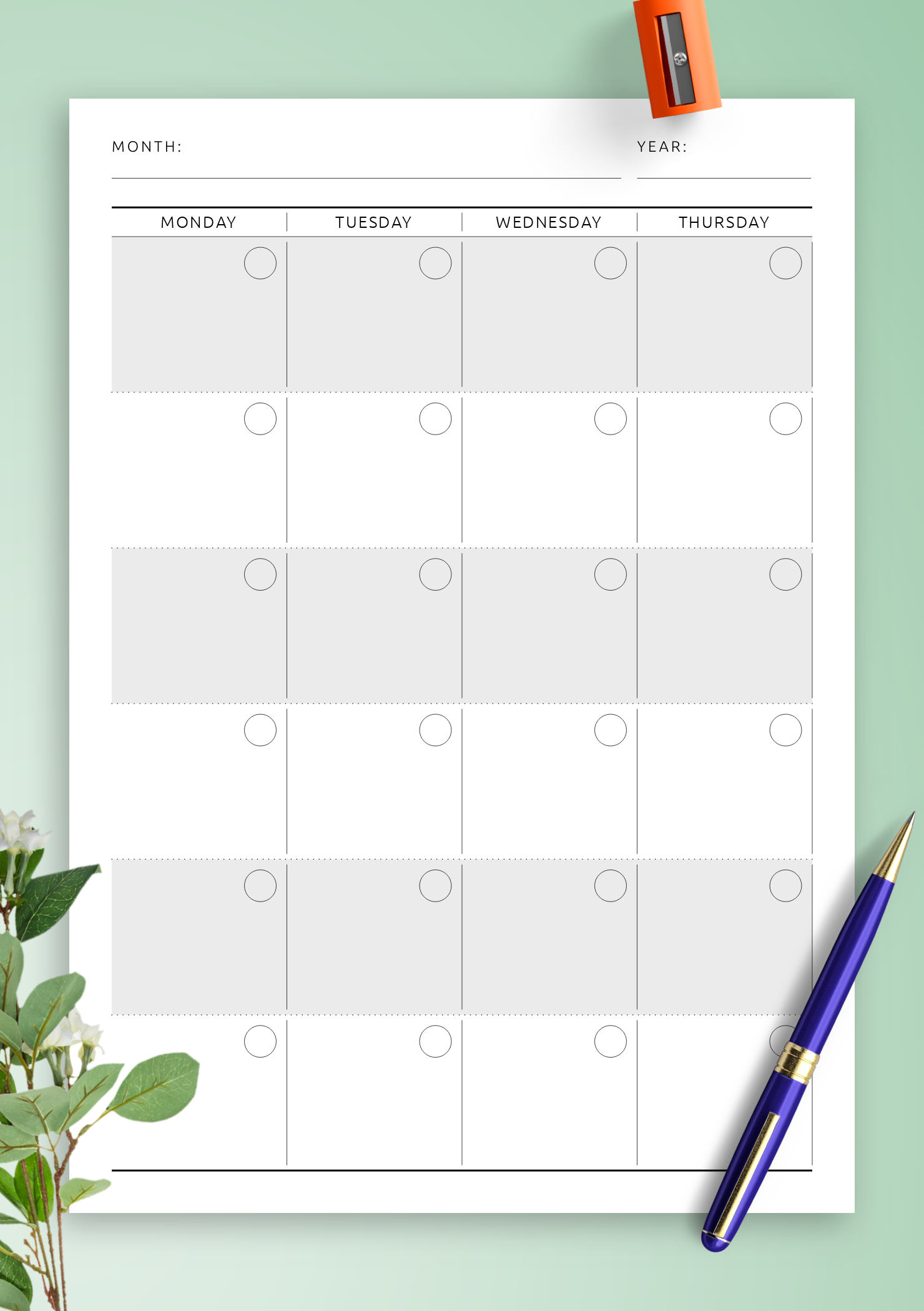 Download Printable Monthly Calendar Planner Undated