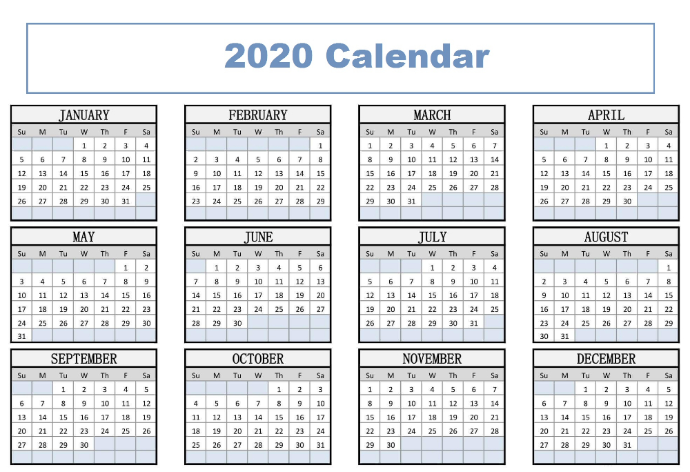 Downloadable Yearly Calendar 2020 Printable | Printable