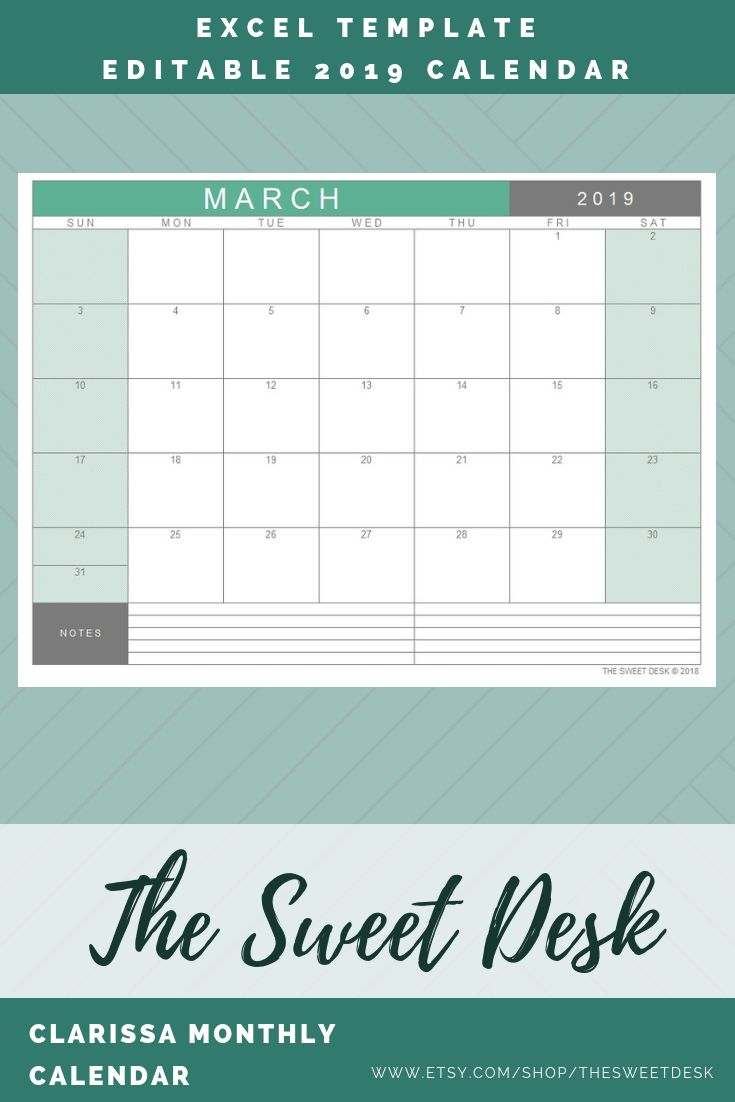 Editable 2019 Calendar, Printable Monthly Planner, Monthly