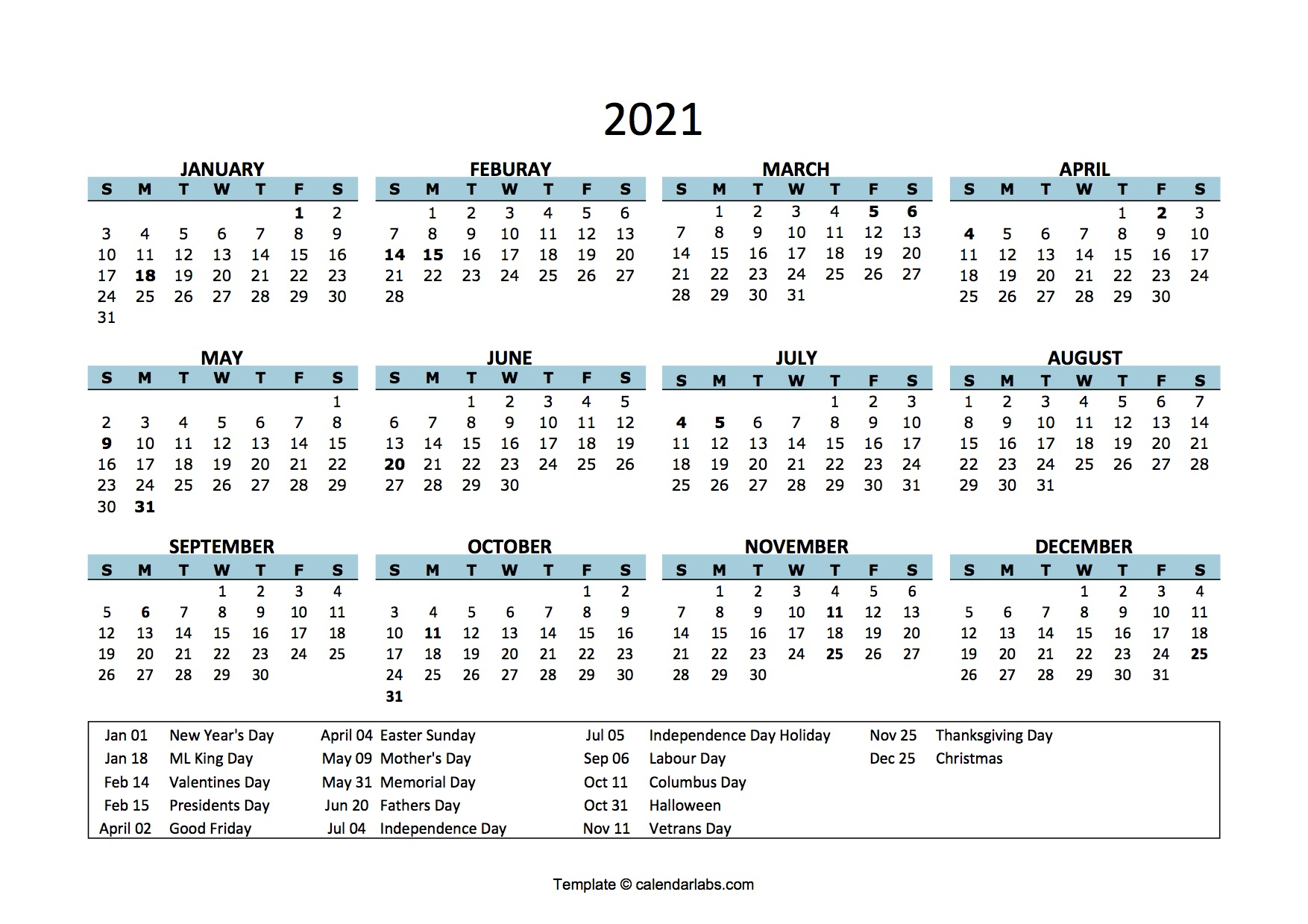 Editable Free Printable 2021 Calendar With Holidays