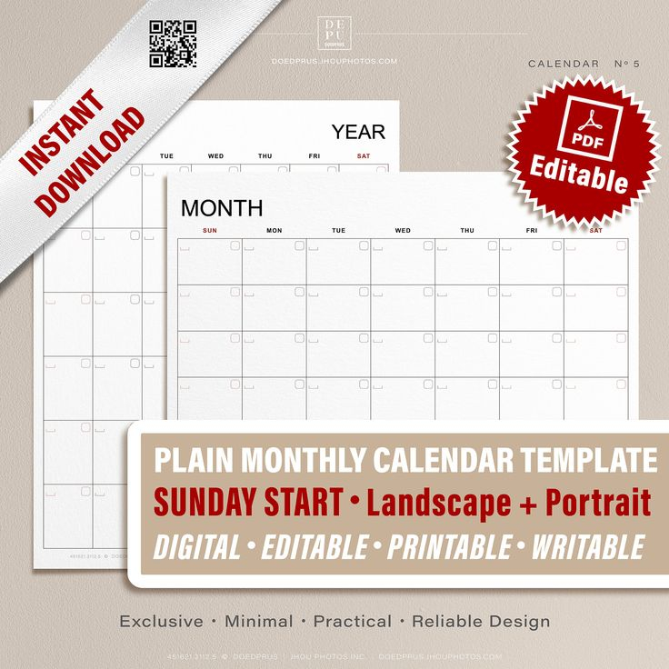 Editable/Printable Plain Monthly Calendar Template With