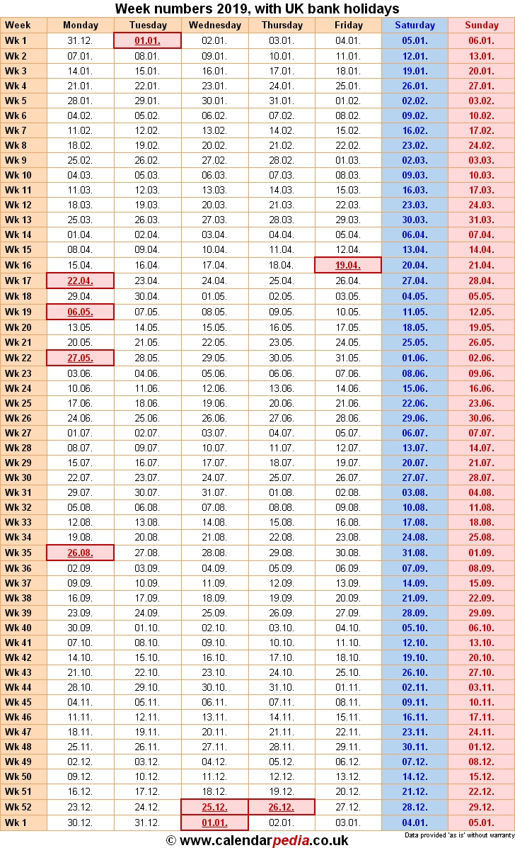 Financial Calendar 2019 With Week Number - Calendar