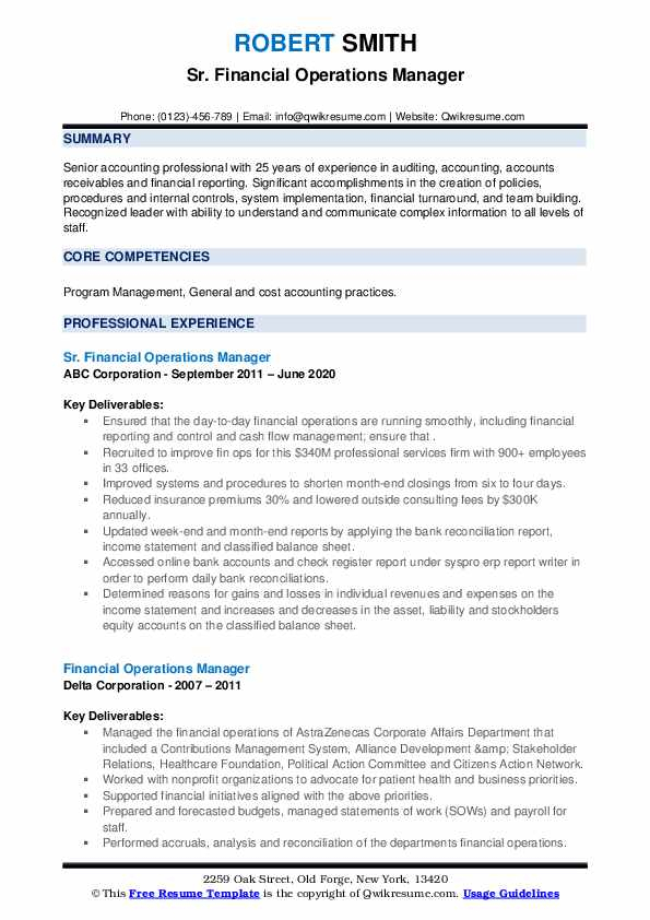 Financial Operations Manager Resume Samples | Qwikresume