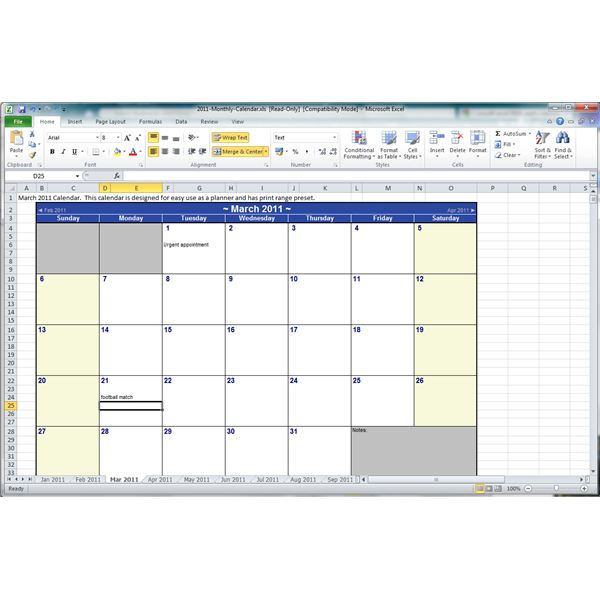 Find And Use A Free Microsoft Excel 2010 Yearly Calendar