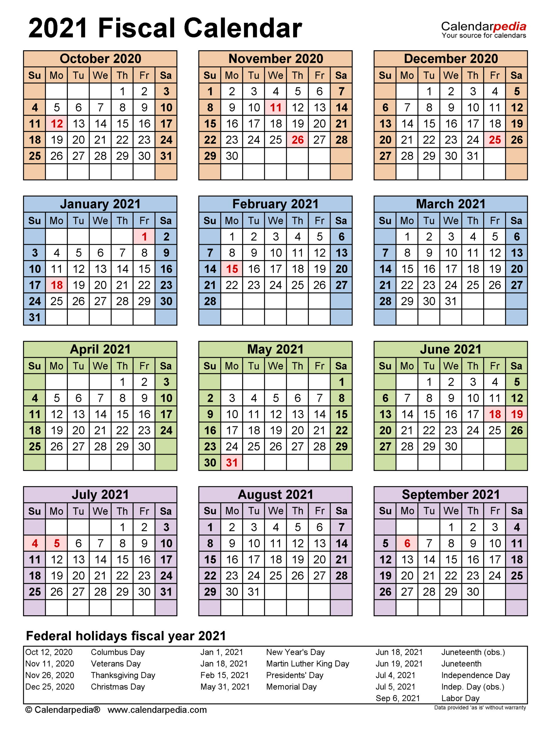 Fiscal Calendars 2021 - Free Printable Pdf Templates