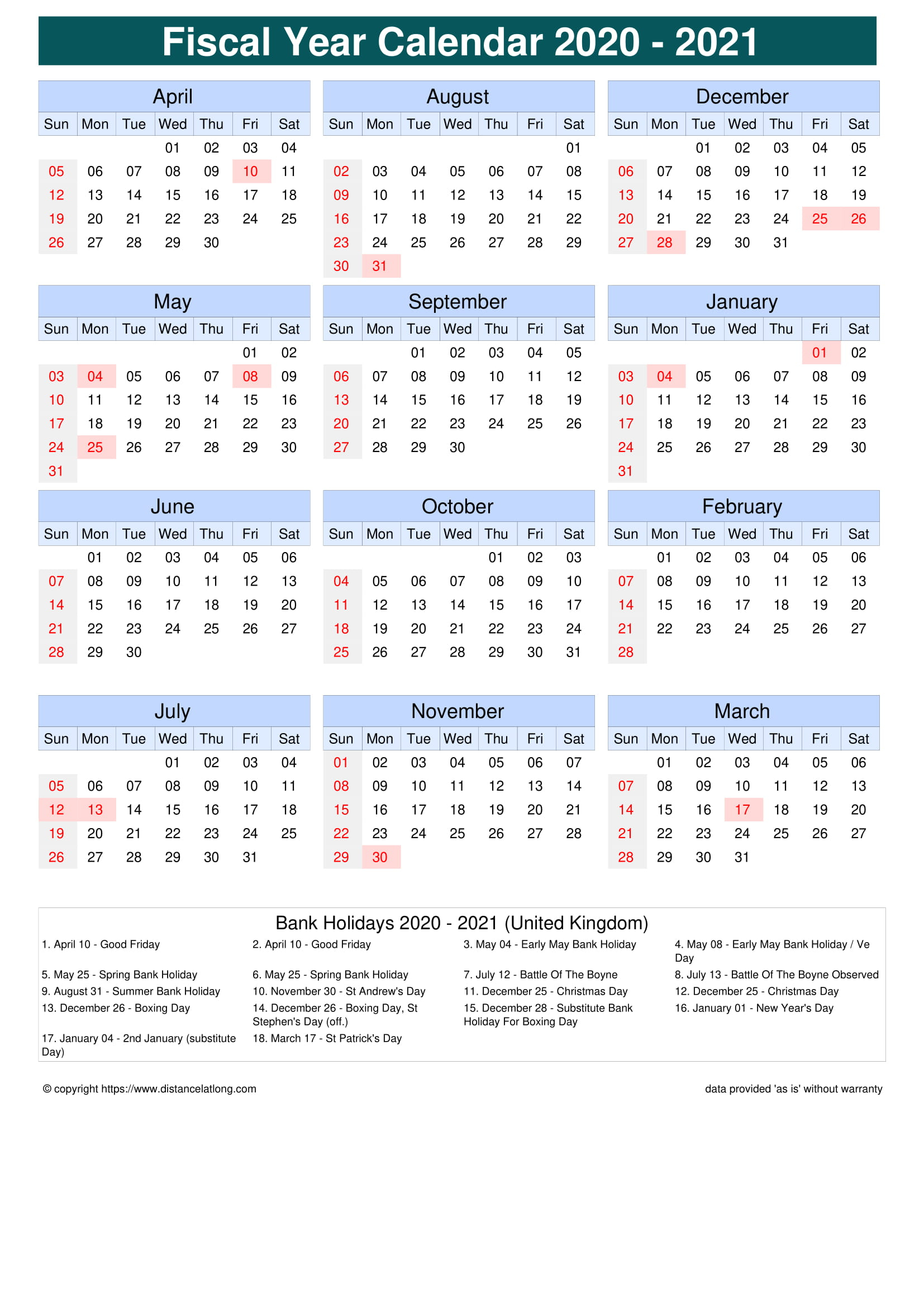 Fiscal Portrait Calendar Vertical Month Week Grid Sunday
