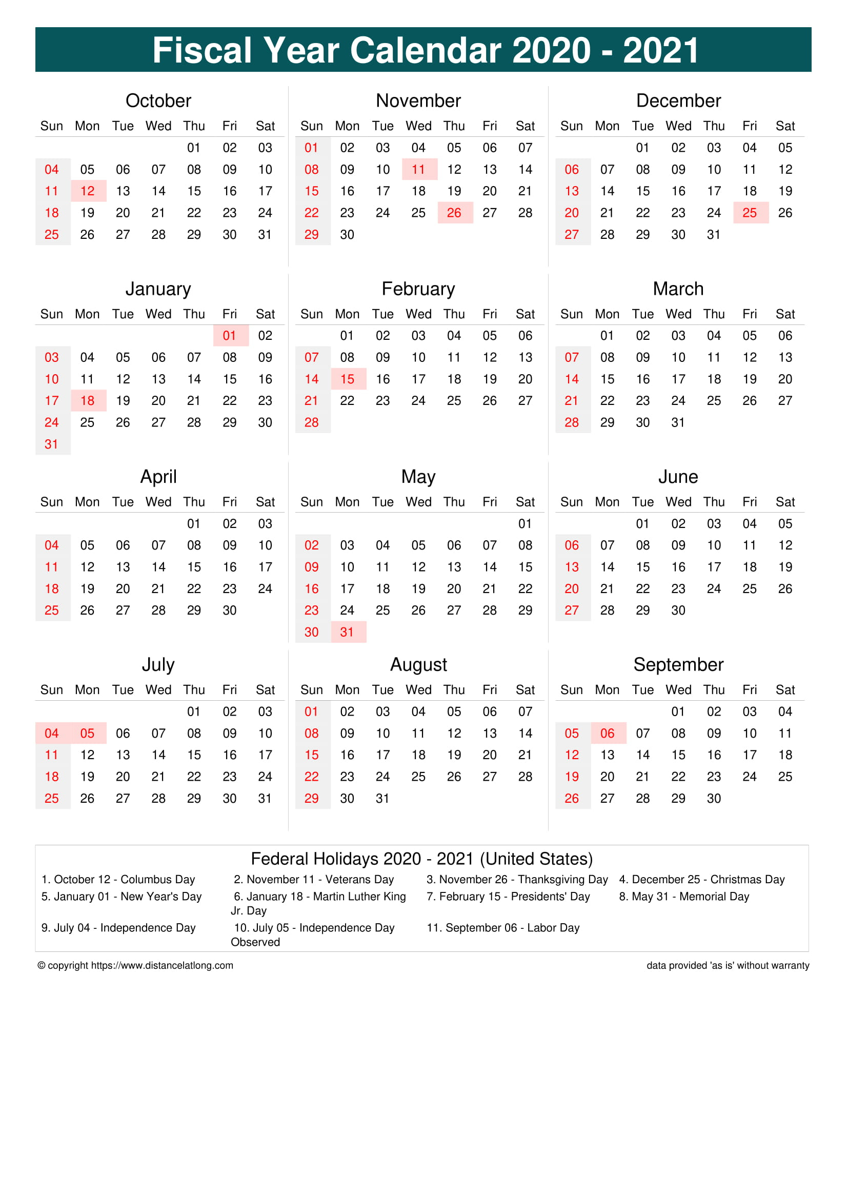 Fiscal Portrait Calendar Vertical Week Underline With