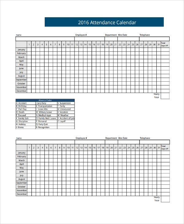 Free 8+ Sample Attendance Calendar Templates In Pdf | Ms Word