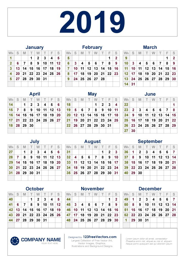 Free Download 2019 Calendar With Week Numbers | Calendar