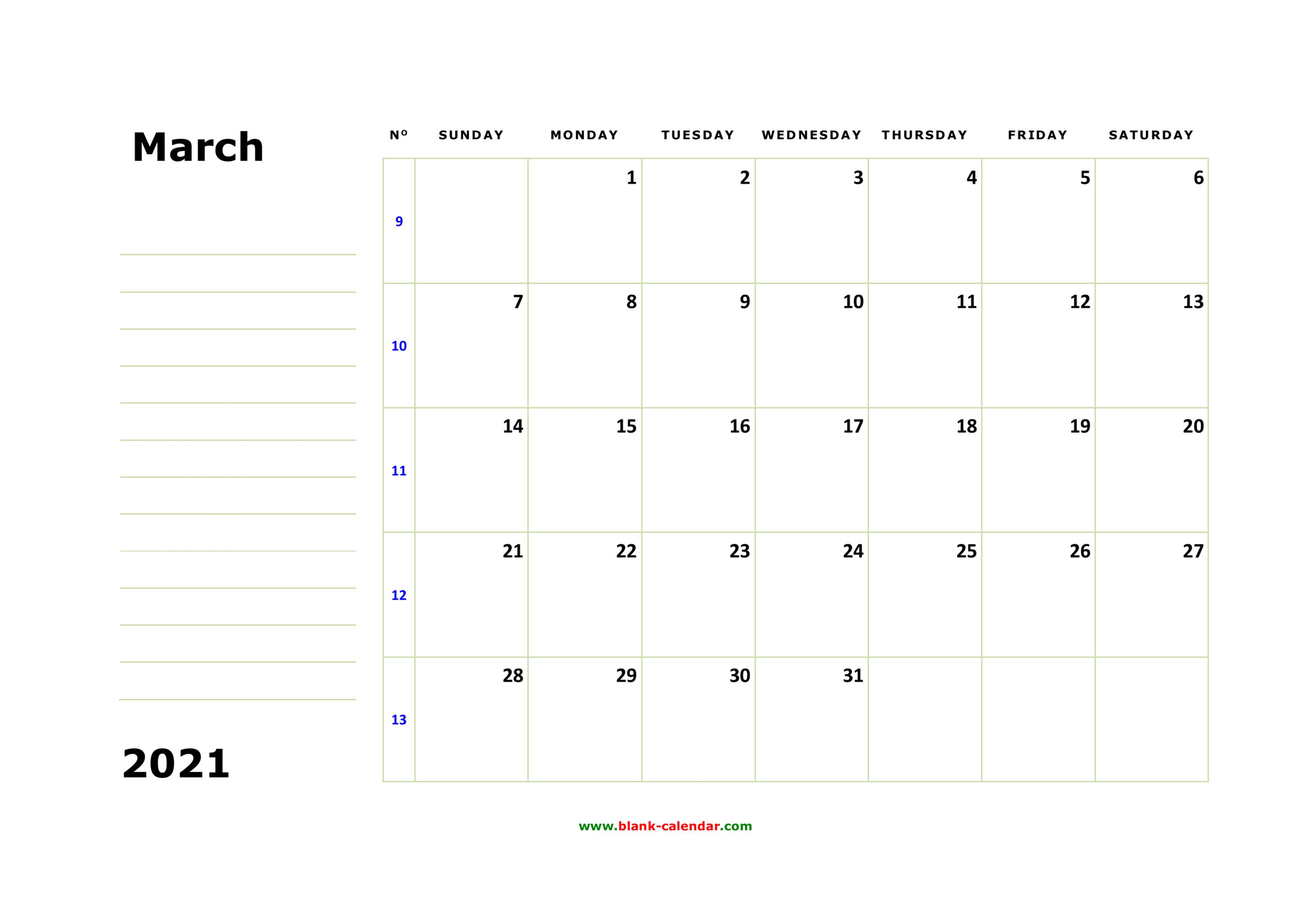 Free Download Printable March 2021 Calendar, Large Box, Holidays Listed, Space For Notes