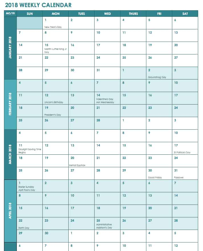 Free Excel Calendar Templates