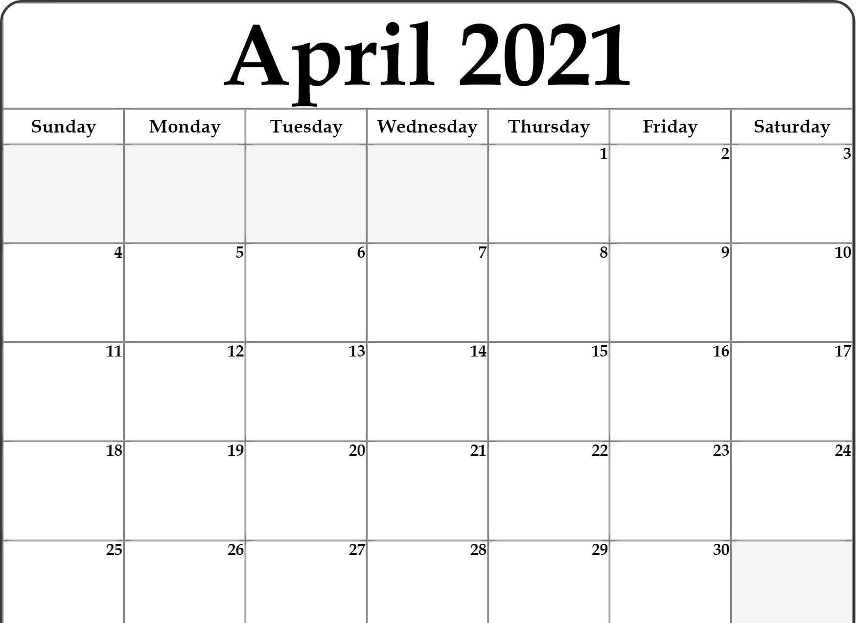 Free Monthly Blank April 2021 Calendar Printable Template