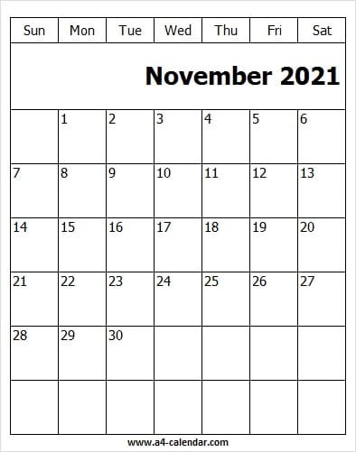 Free November 2021 Calendar To Print - A4 Calendar