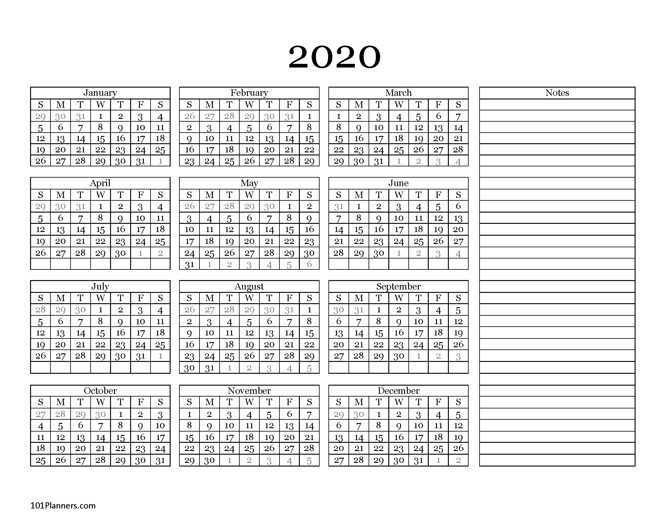 Free Printable 2020 Yearly Calendar At A Glance | 101 Backgrounds
