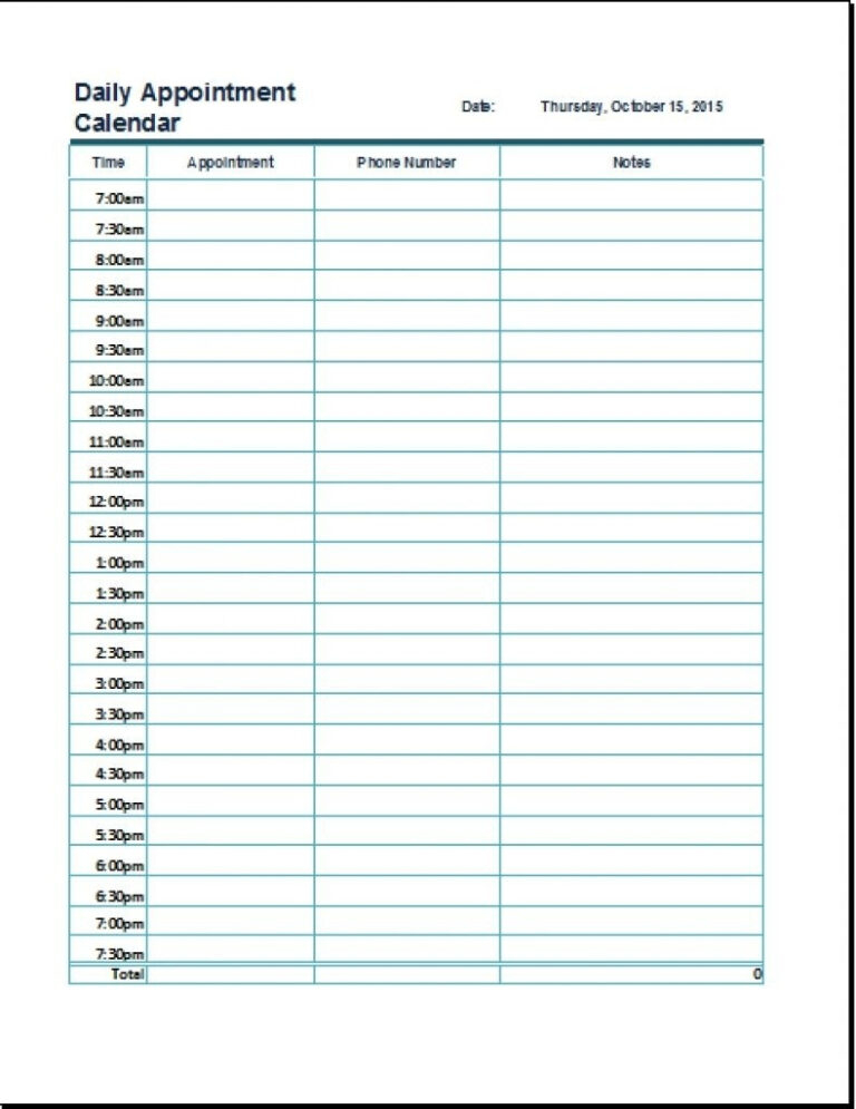 Free Printable 7 Day 15 Minute Appointment Calendar Sheets