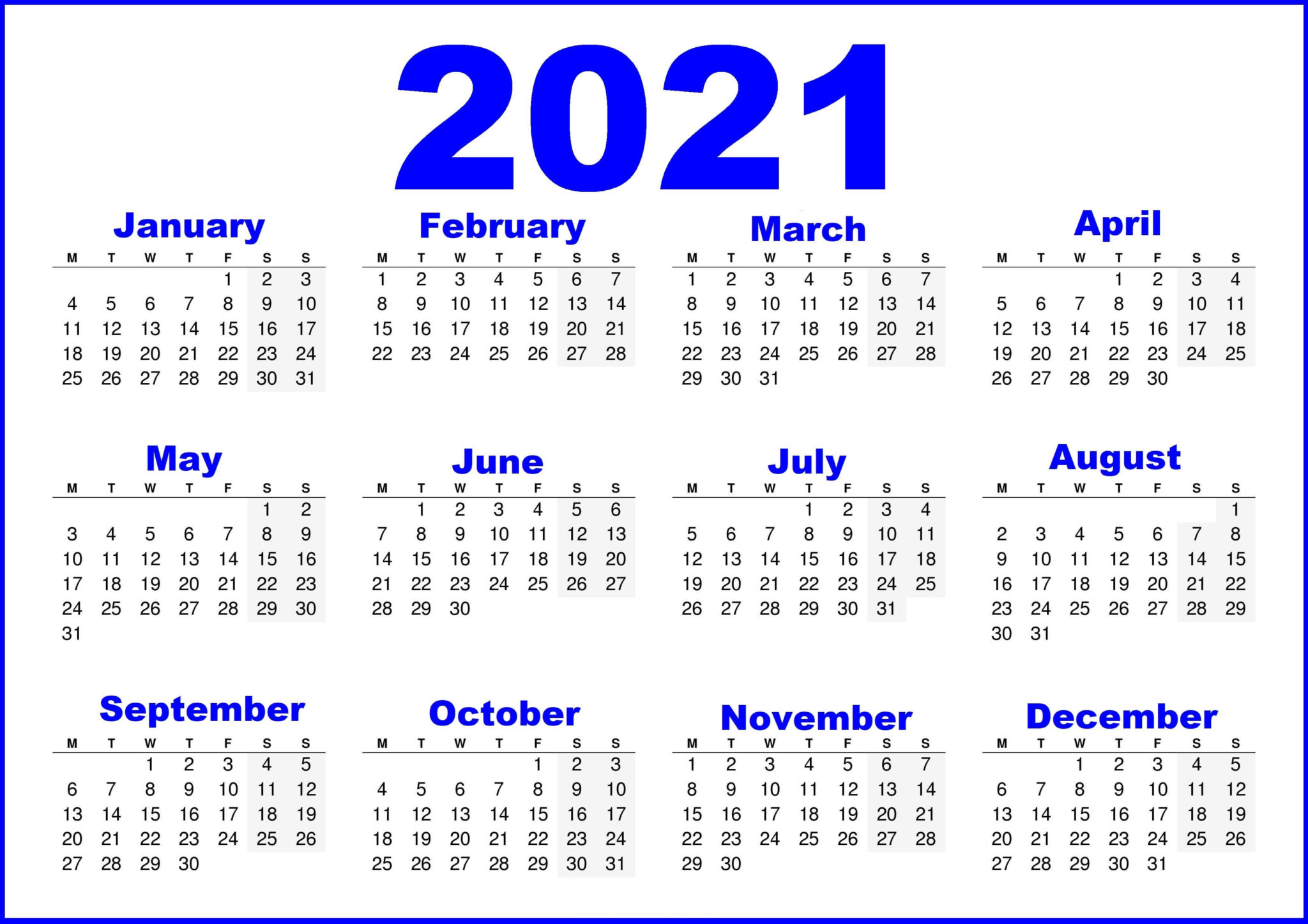 Free Printable Calendar 2021 With Holidays Pdf, Word, Excel Landscape