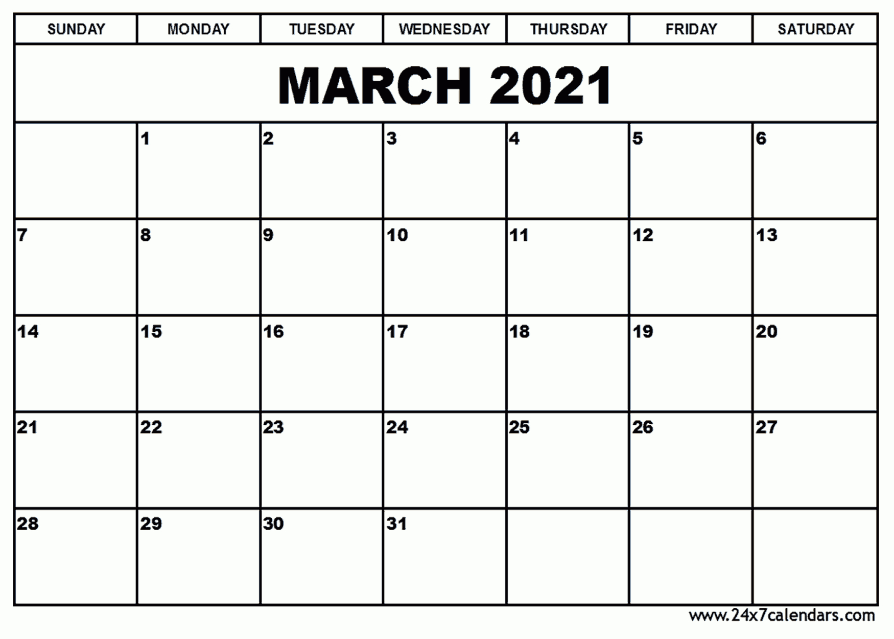 Free Printable March 2021 Calendar : 24X7Calendars