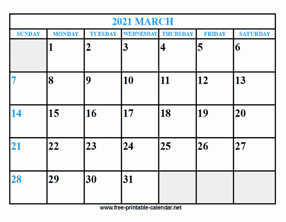 Free Printable March 2021 Calendar