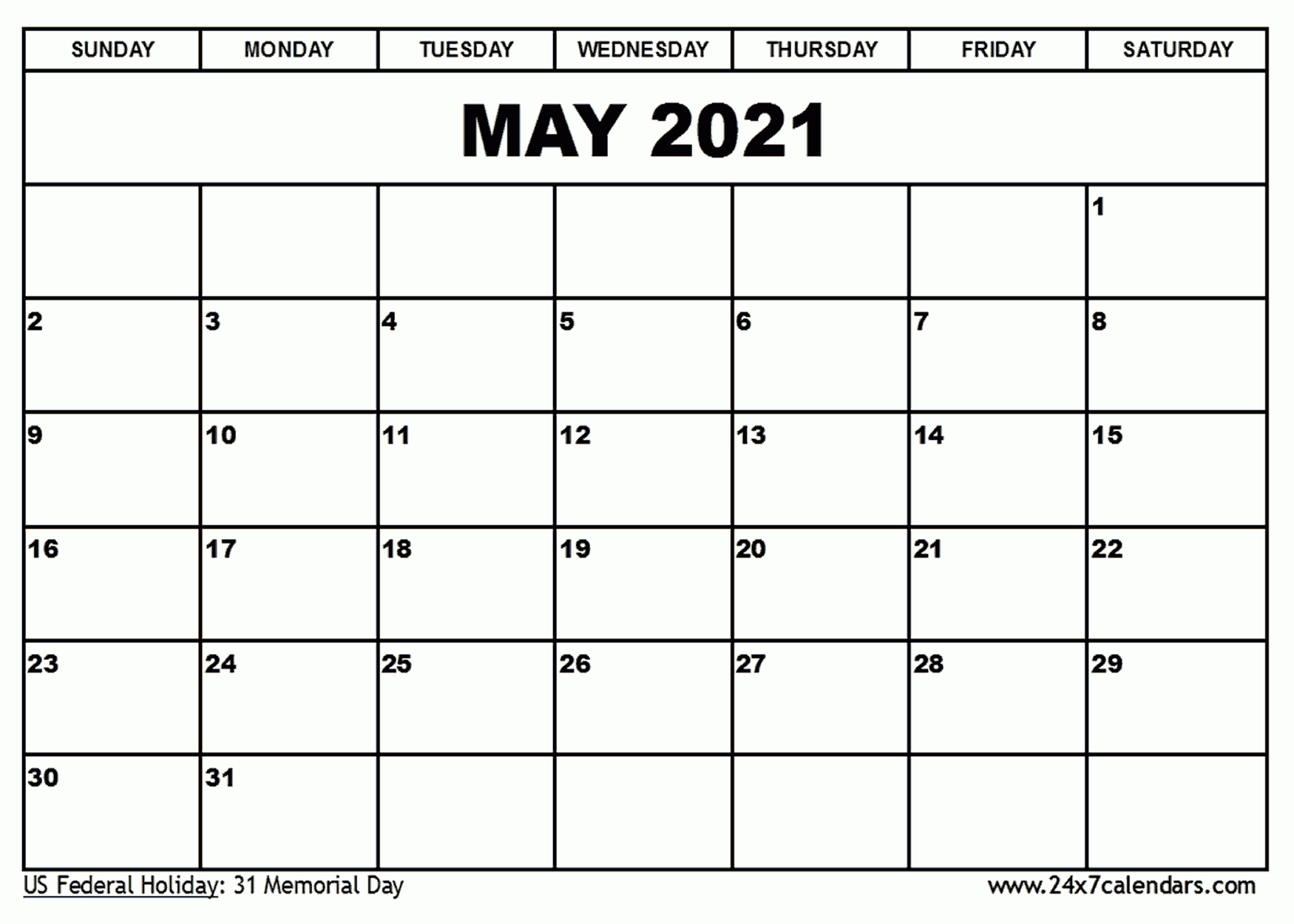 Free Printable May 2021 Calendar : 24X7Calendars