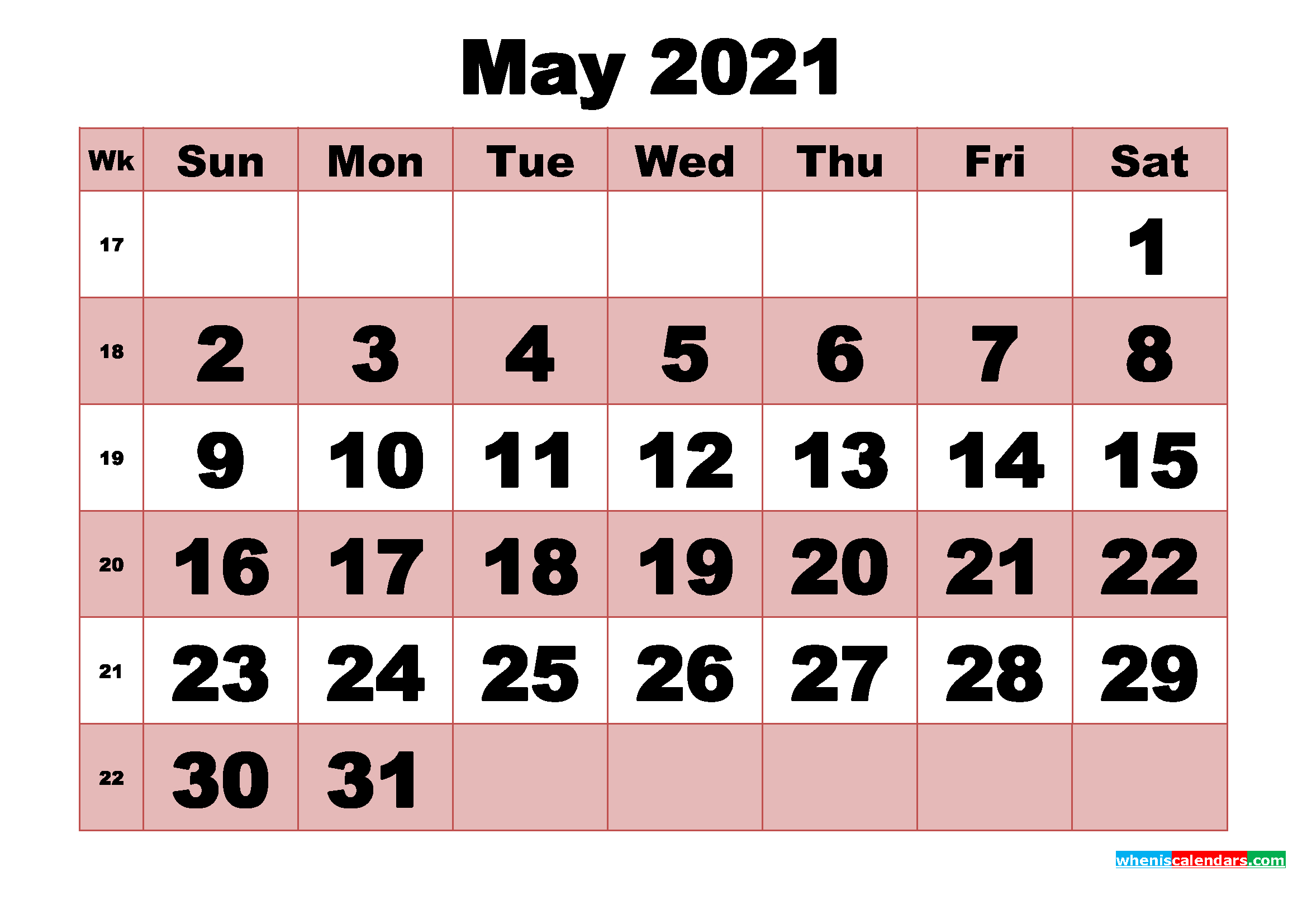 Free Printable Monthly Calendar May 2021