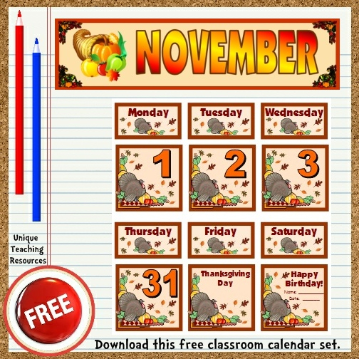 Free Printable November Classroom Calendar For School Teachers